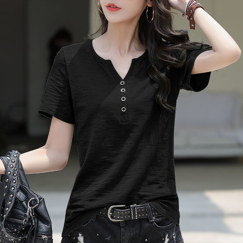 Short-Sleeved T-Shirt for Women, V-Neck, Loose Fit, Slimming, 2025 Summer Korean Style, Plus Size, Solid Color, Simple New Style, Women's Fashion, Trendy