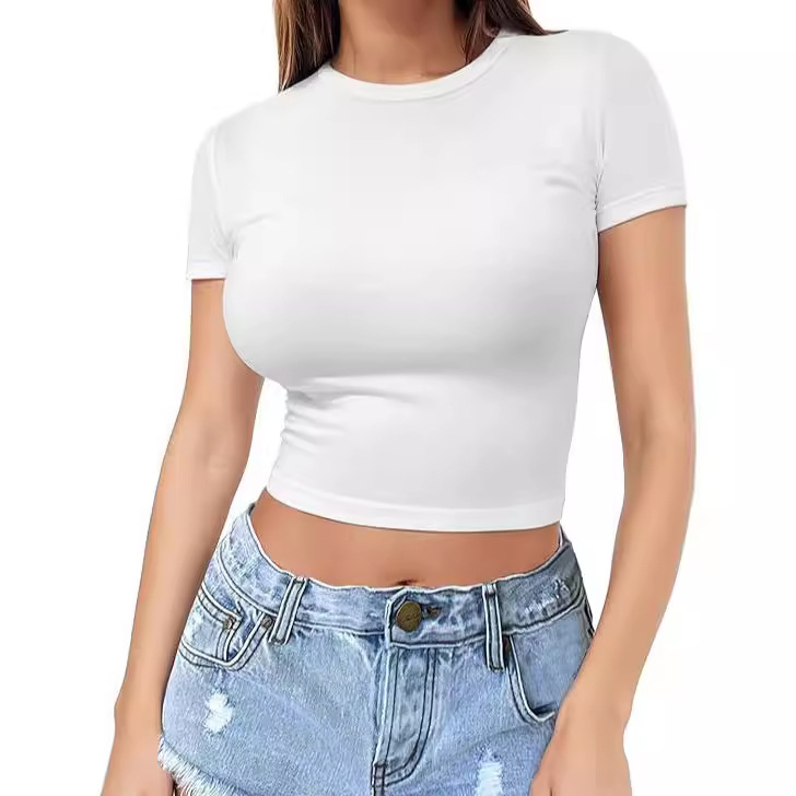 Cross-Border European and American Style Navel-Baring T-Shirt Sexy Summer Pullover Top for Women Thin Round Neck Fashionable Milk Silk Short Sleeves