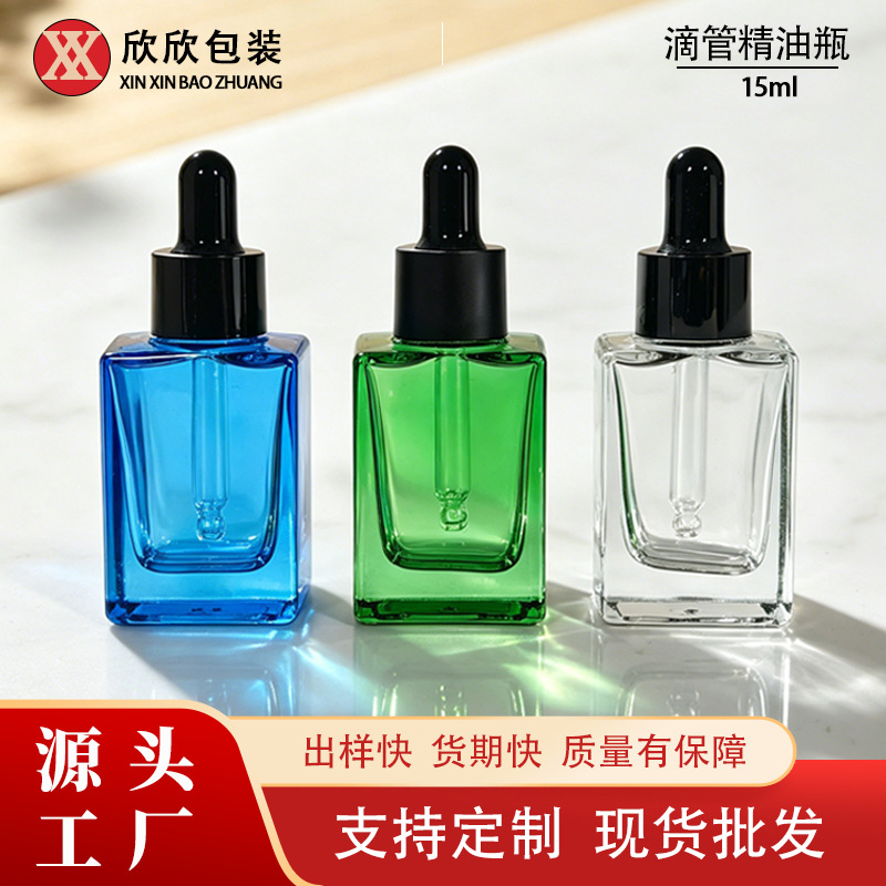 In Stock 15ml Thick-Bottomed Square Glass Dropper Bottle, Transparent Essential Oil Dispensing Bottle, Empty Sample Bottles for Essence Wholesale