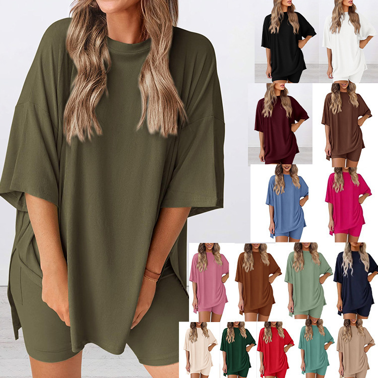 2025 New Summer Cross-Border European and American Amazon Export Fashion Casual Pure Color Loose Women's Pajamas Set