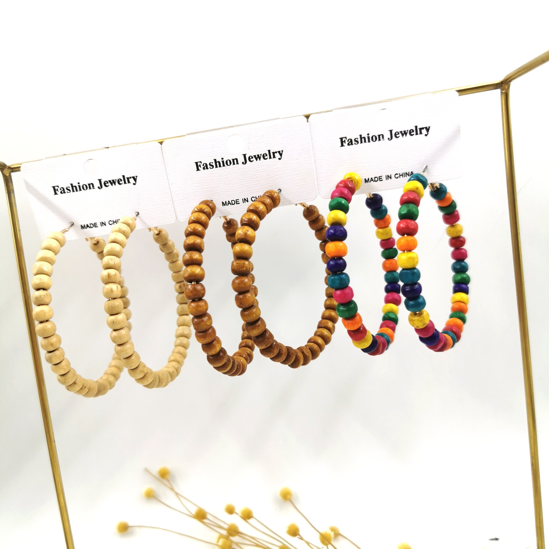 Bohemian Holiday Style Exaggerated Wooden Rice Bead String Big Ear Ring Elegant Retro Long Earrings Cross-border Earrings for Women