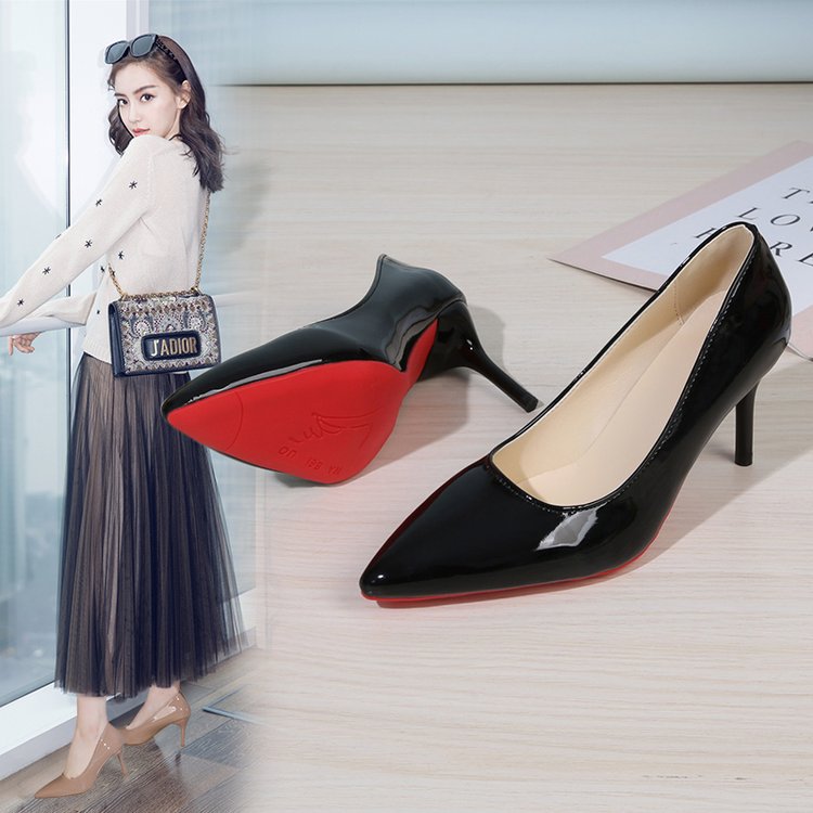 Cross-border Red Sole High-end Temperament Single-layer Shoes Black Heels plus size Pointed High Heels Stiletto Heel Women